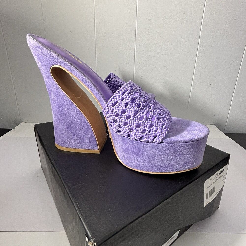 Fashion Nova Summertime Attitude Purple Platform Mules Size 10 Suede Crochet NIB